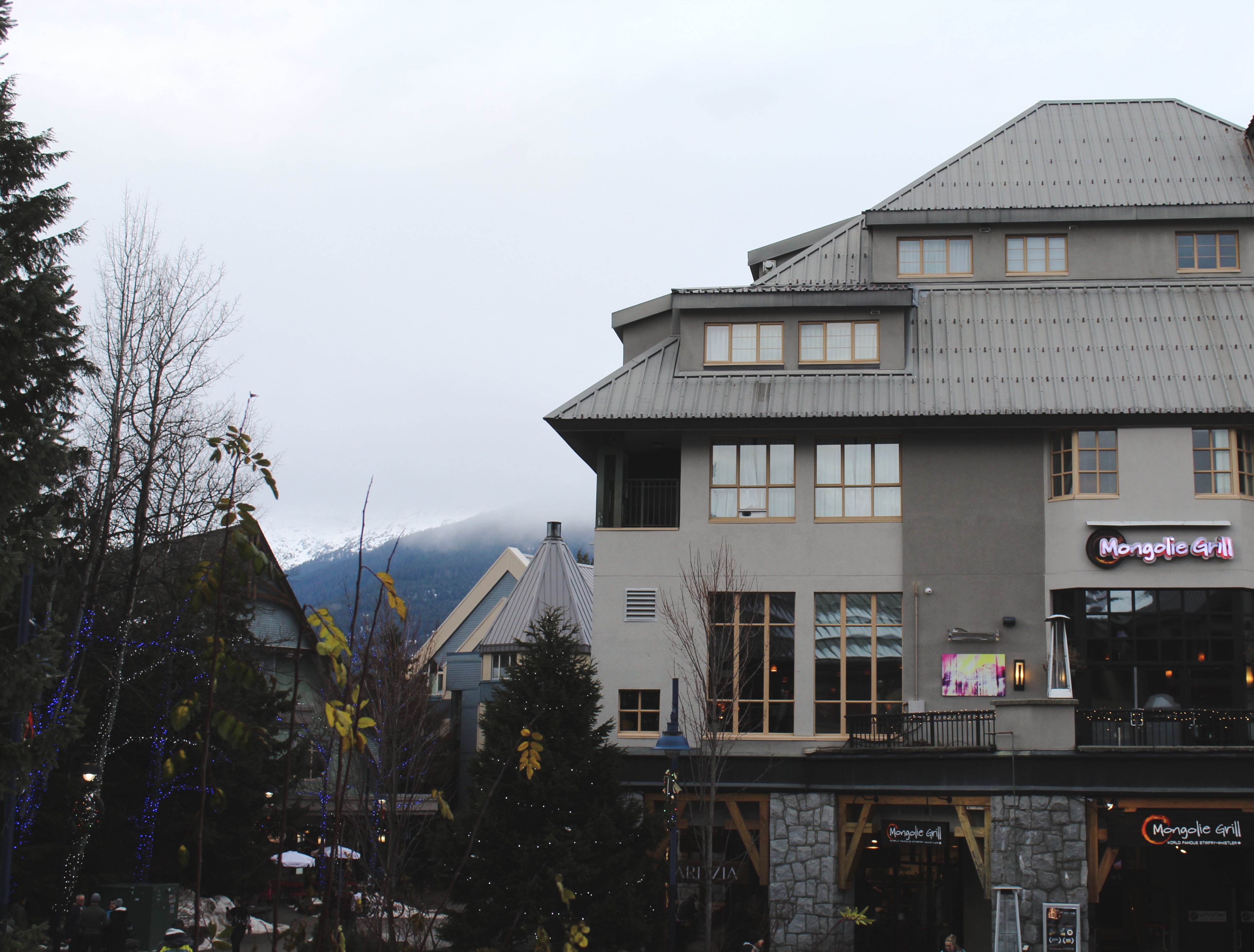 Mongolie Grill exterior with Whistler village and mountains