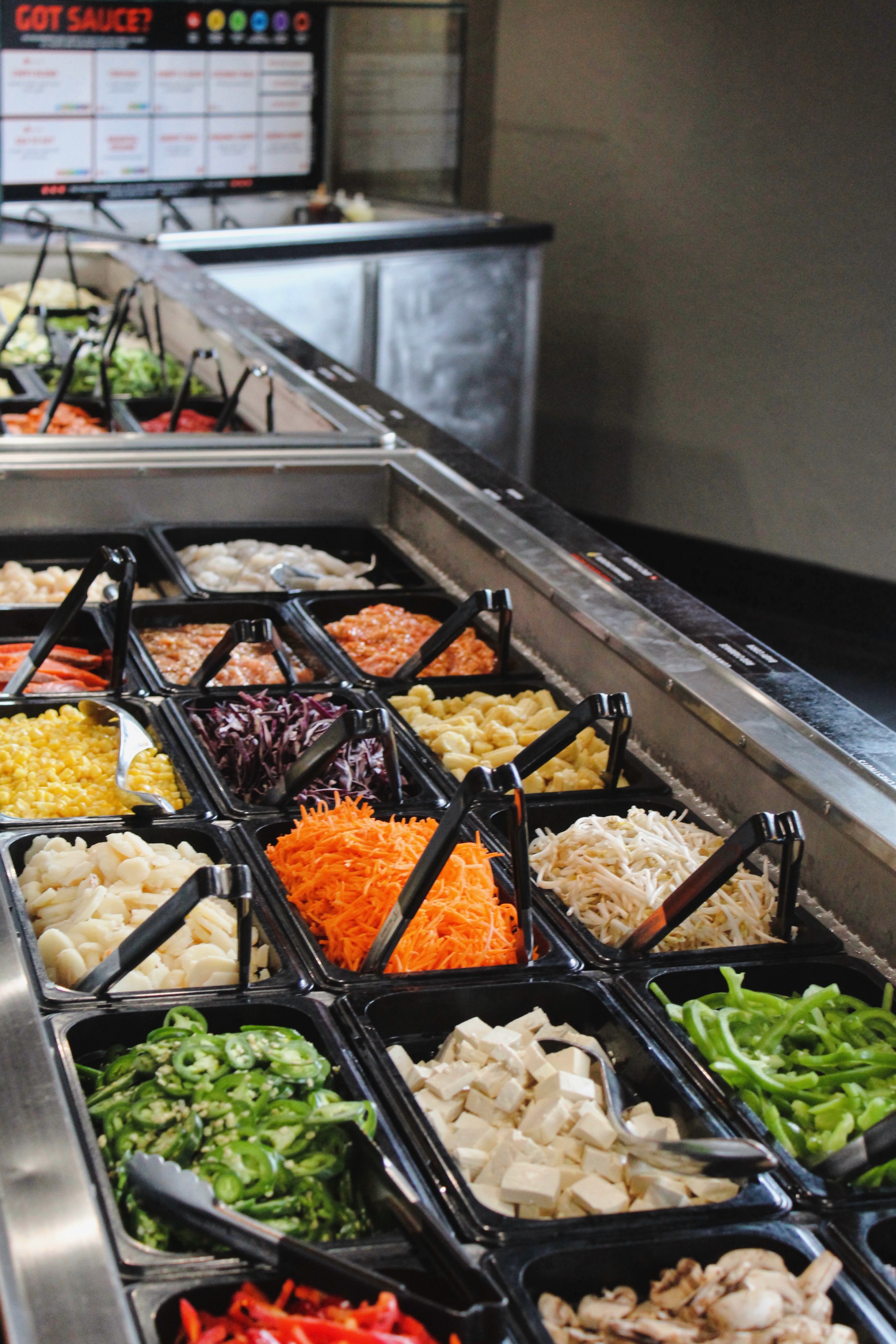 Colorful overhead view of fresh ingredient bar
